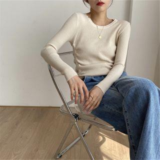 Crewneck Striped Knit Long-sleeve Top