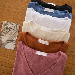 Plain V-neck Linen Blend T-shirt