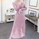 Set: Long-sleeve Midi Fringed Knit Dress + Midi Accordion Pleat Velvet Skirt + Belt