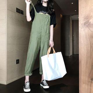Printed Short Sleeve T-shirt / Plain Straight Cut Pinafore Jumpsuit