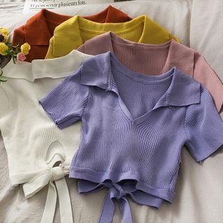 Collared Ribbon-back Crop Knit Top In 8 Colors