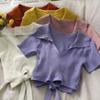 Collared Ribbon-back Crop Knit Top In 8 Colors