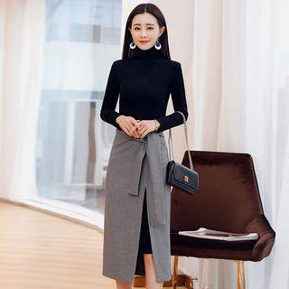 Set: Mock Turtleneck Long-sleeve Sheath Dress + Midi A-line Slit Skirt