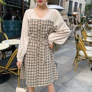 Long-sleeve V-neck Plaid Panel Mini A-line Dress