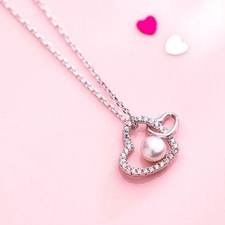 925 Sterling Silver Faux Pearl Heart Pendant Necklace S925 Silver - Love Heart - One Size