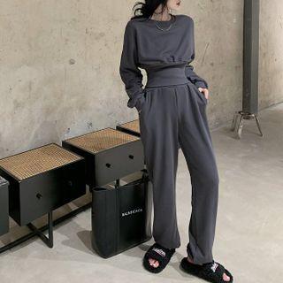 Round-neck Tie-waist Plain Sweater / High Waist Straight Leg Sweatpants