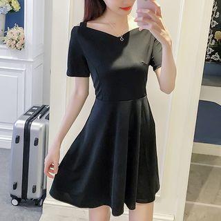 Cutout Shoulder Short Sleeve Plain Flare Dress