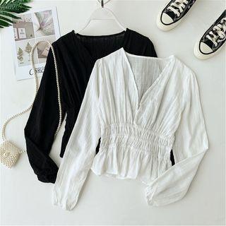 Plain V-neck Long-sleeve Peplum Top