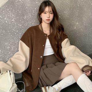 Two-tone Woolen Baseball Jacket / Mini Pleated Skirt