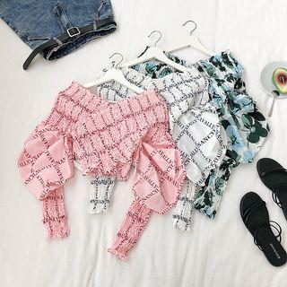 Lantern-sleeve Ruched Printed Cropped Top