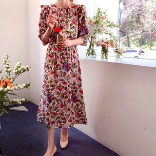 Frilled-detail Gathered-waist Pattern Dress