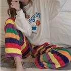 Coral Fleece Embroidered Sleep Pullover / Striped Lounge Pants