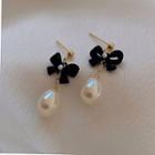 Bow Faux Pearl Alloy Dangle Earring 1 Pair - Dangle Earring - Silver Pin - Faux Pearl - Bow - One Size