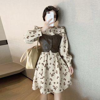 Long-sleeve Floral Print Mini A-line Dress / Spaghetti Strap Button Top