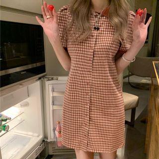 Short-sleeve Check Mini Sheath Shirtdress Red - One Size