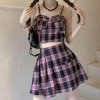 Set: Plaid Camisole Top + Pleated Mini A-line Skirt