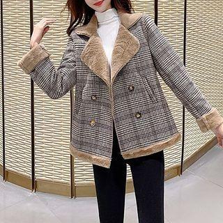 Fleece-lined Double-breasted Plaid Jacket