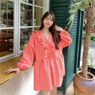 Long-sleeve V-neck Ruffled Mini Shift Dress