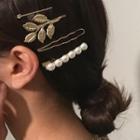 Set Of 4: Faux Pearl / Alloy Leaf Hair Clip / Hair Pin Gold - One Size
