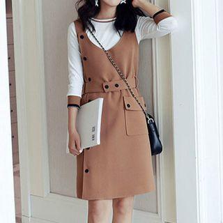 Set: Contrast Trim Sweater + Snap-buttoned Pinafore Dress