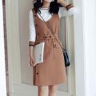Set: Contrast Trim Sweater + Snap-buttoned Pinafore Dress