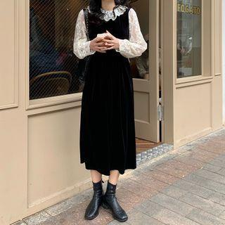 Lace Panel Long-sleeve Midi A-line Dress Black & White - One Size