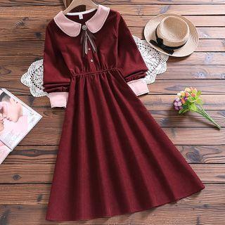 Long-sleeve Peter Pan-collar Bow Plain A-line Dress
