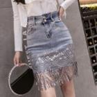Sequined Denim Mini Straight-fit Skirt