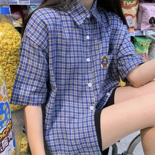 Elbow-sleeve Bear Embroidered Shirt As Shown In Figure - One Size