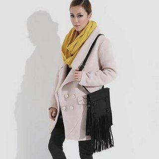 Double-breasted Lapel Knit Coat Beige - One Size