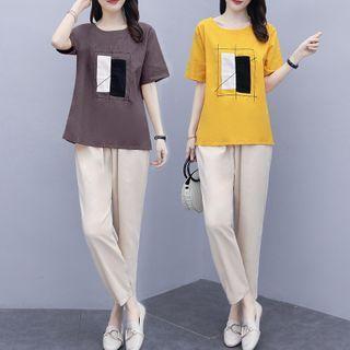 Set: Color Block Short-sleeve T-shirt + Crop Pants