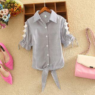 Lace Trim Pinstriped Short-sleeve Shirt