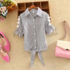 Lace Trim Pinstriped Short-sleeve Shirt
