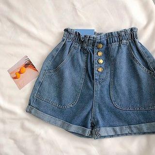 Single-breasted High-waist Roll-up Denim Shorts