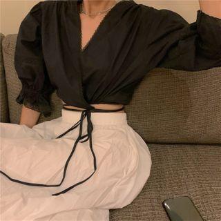 Puff-sleeve Cropped Wrap Blouse