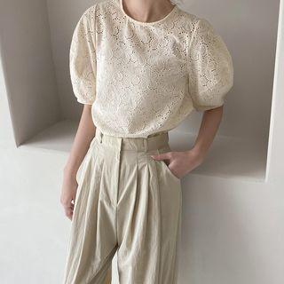 Puff-sleeve Eyelet-lace Blouse Light Beige - One Size