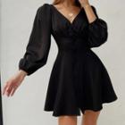 Puff Sleeve V-neck Mini Dress