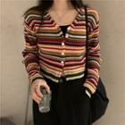 Long-sleeve Striped Button Knit Top Red & Yellow & Blue - One Size