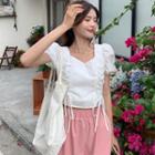 Puff-sleeve Lace-up Cropped Blouse / Plain Cropped Wide Leg Pants