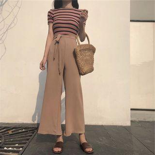 Short-sleeve Striped T-shirt / Cropped Wide-leg Pants / Set