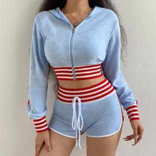 Set: Stripes Zip-up Hoodie + Short Sweatpants