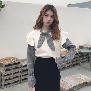 Mock Two Piece Bow Accent Plaid Shirt