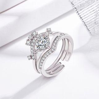 2-in-1 Crown Rhinestone Layered Open Ring Ring - One Size