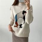 Mock-neck Penguin Print Knit Top