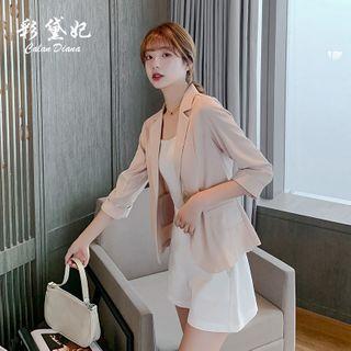 Plain 3/4-sleeve Single-button Blazer
