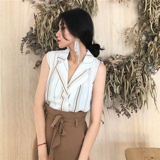 Striped Sleeveless Shirt / Plain Cropped Wide Leg Pants