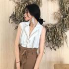 Striped Sleeveless Shirt / Plain Cropped Wide Leg Pants