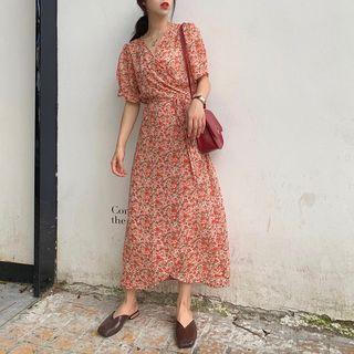 Wrapped Neck Floral Chiffon Maxi Dress