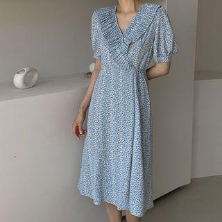 Pleated-trim Floral Midi Wrap Dress