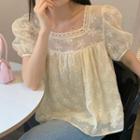 Puff-sleeve Square-neck Lace Trim Floral Blouse Almond - One Size